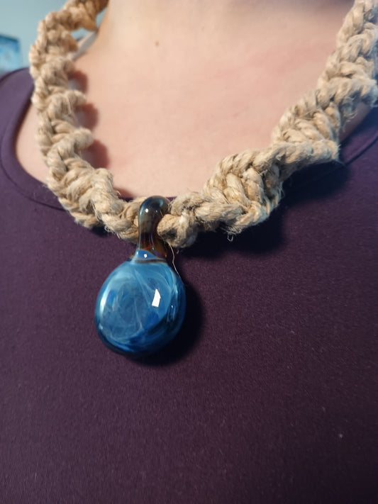 Handmade 25" Macrame Blue Glass Pendant