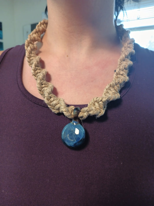 Handmade 25" Macrame Blue Glass Pendant